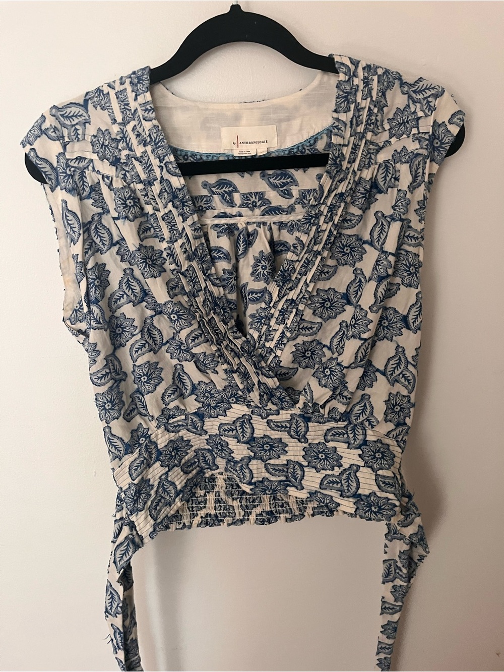 Anthropologie Blue and White Floral Wrap Crop Top